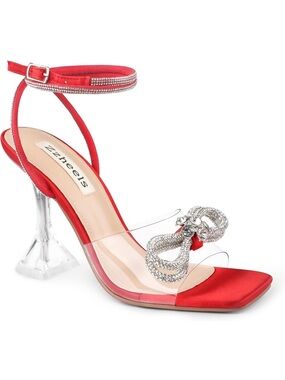 Zzheels Crystal Bow Red Satin Ankle-Strap Crystal Heel Sandals Heels